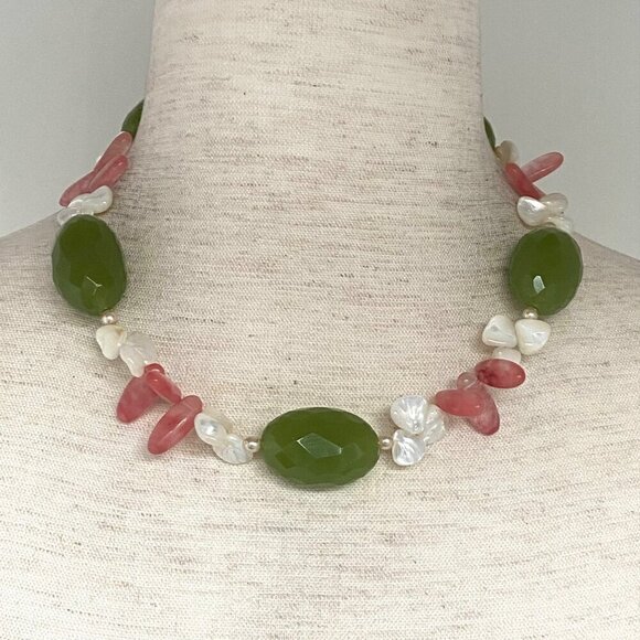 Sterling Silver 925 Beaded Oval Faceted Chrysoprase MOP & Pearl Necklace 17.5" - Picture 1 of 16